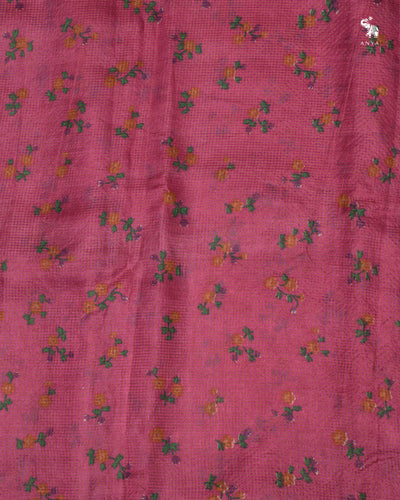 Lotus Pink Tusar Silk Fabric with Floral Print and Zari Checks Design