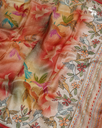 Multi Color Tussar Silk Saree with Birds Design