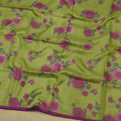 Samagha Green Floral Print Zari Checks Tussar Silk Saree with Magenta Kanchi Silk Getti Self Pallu