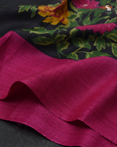 Black Tussar Silk Saree with Floral Print Design