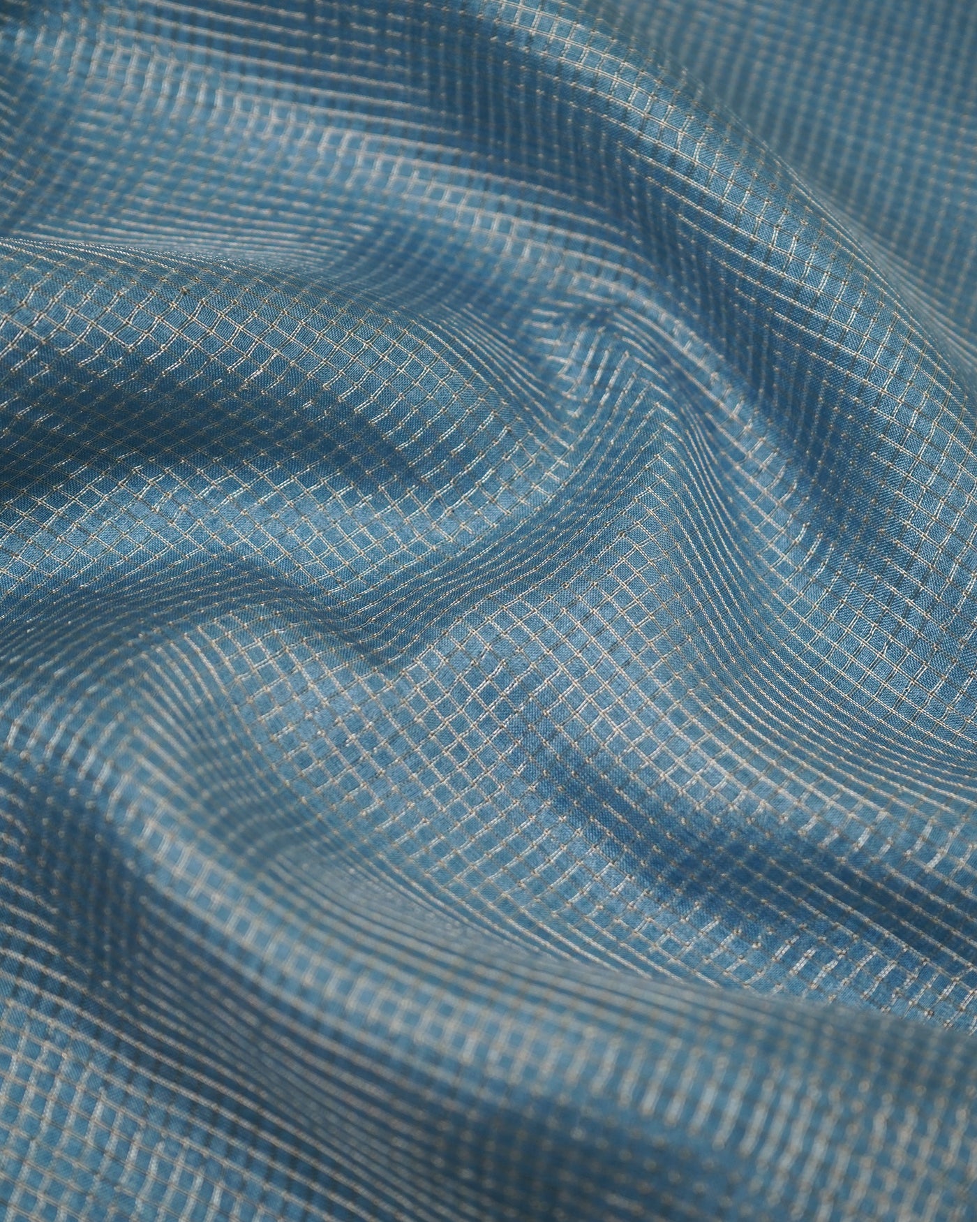 Blue Zari Checks Tussar Silk Saree with Mustard Pen Kalamkari Kanchi Border