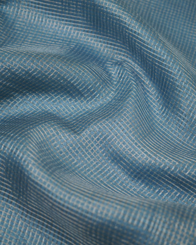 Blue Zari Checks Tussar Silk Saree with Mustard Pen Kalamkari Kanchi Border