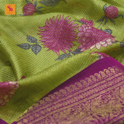 Samagha Green Floral Print Zari Checks Tussar Silk Saree with Magenta Kanchi Silk Getti Self Pallu