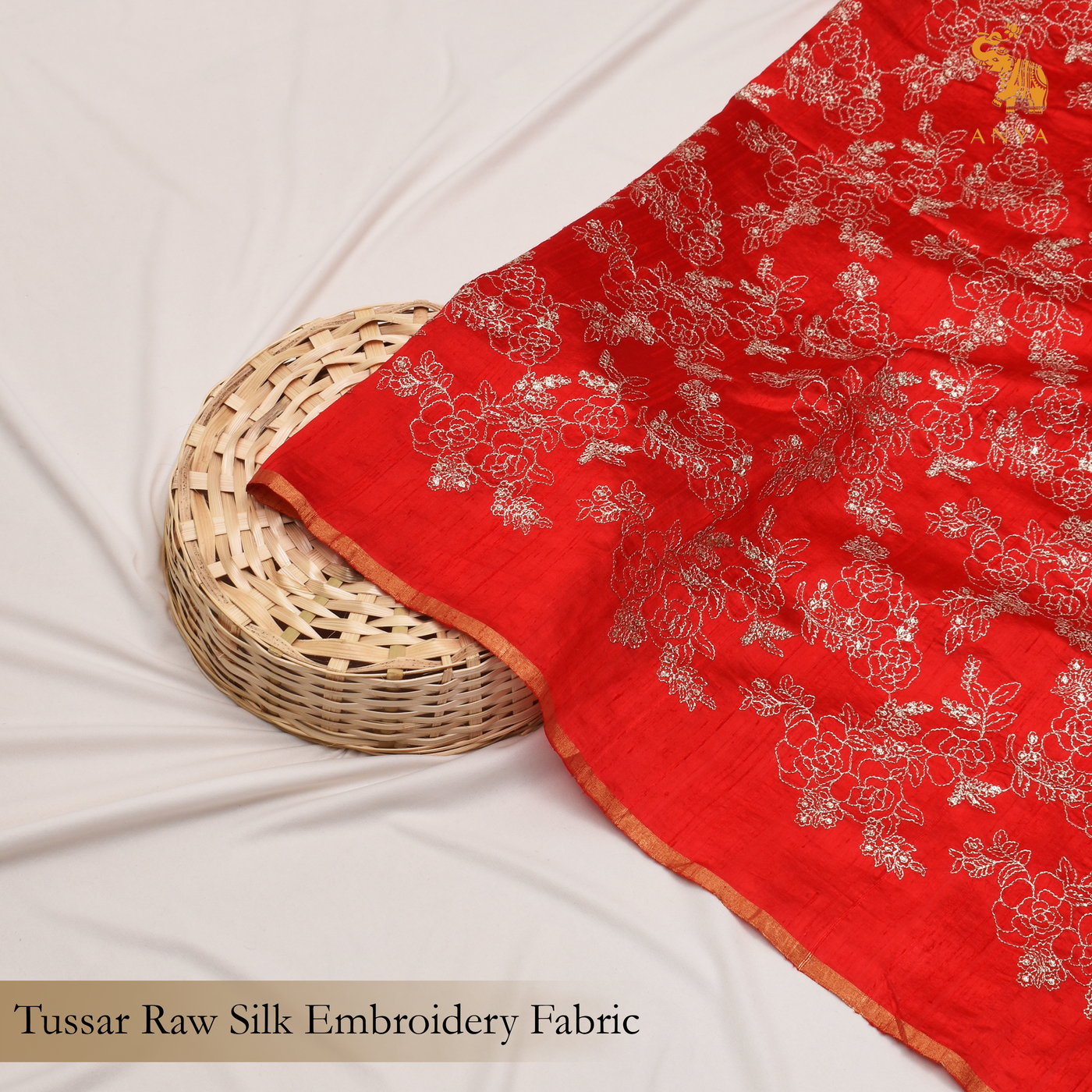 Chilli Red Tussar Raw Silk Fabric with Floral Embroidery Design