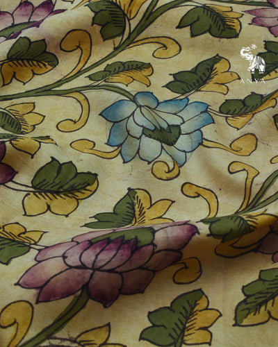 Off White Pen Kalamkari Kanchi Silk Fabric