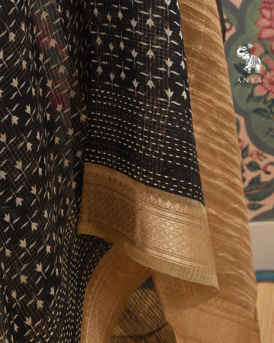 Black Chanderi Saree with Floral Print Design