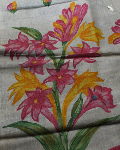 Blue Tussar Silk Saree with Floral Printed Design