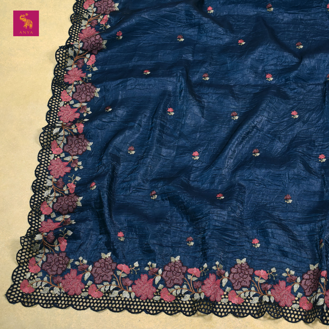 Peacock Blue Crushed Tussar Cutwork Saree with Small Flower Embroidery Design