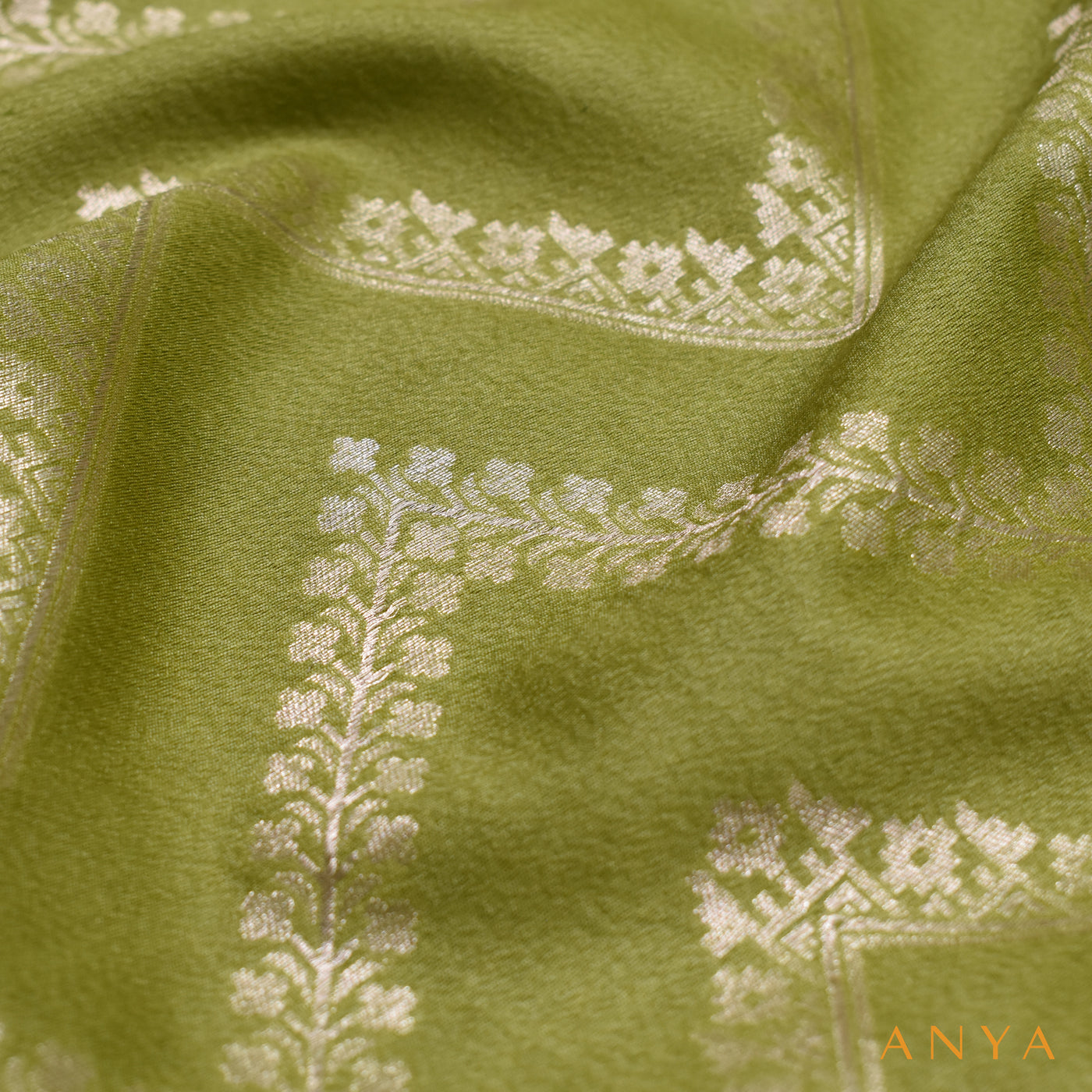 Samangha Green Banarasi Tussar Raw Silk Fabric with Zig Zag Design