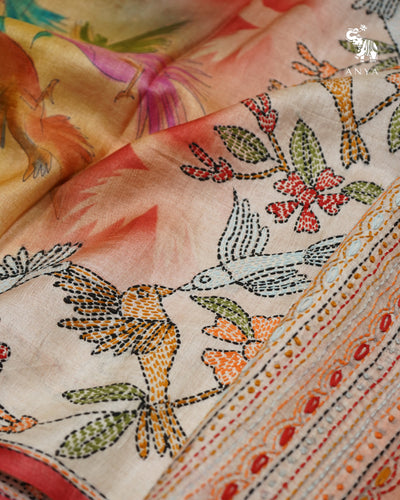 Multi Color Tussar Silk Saree with Birds Design