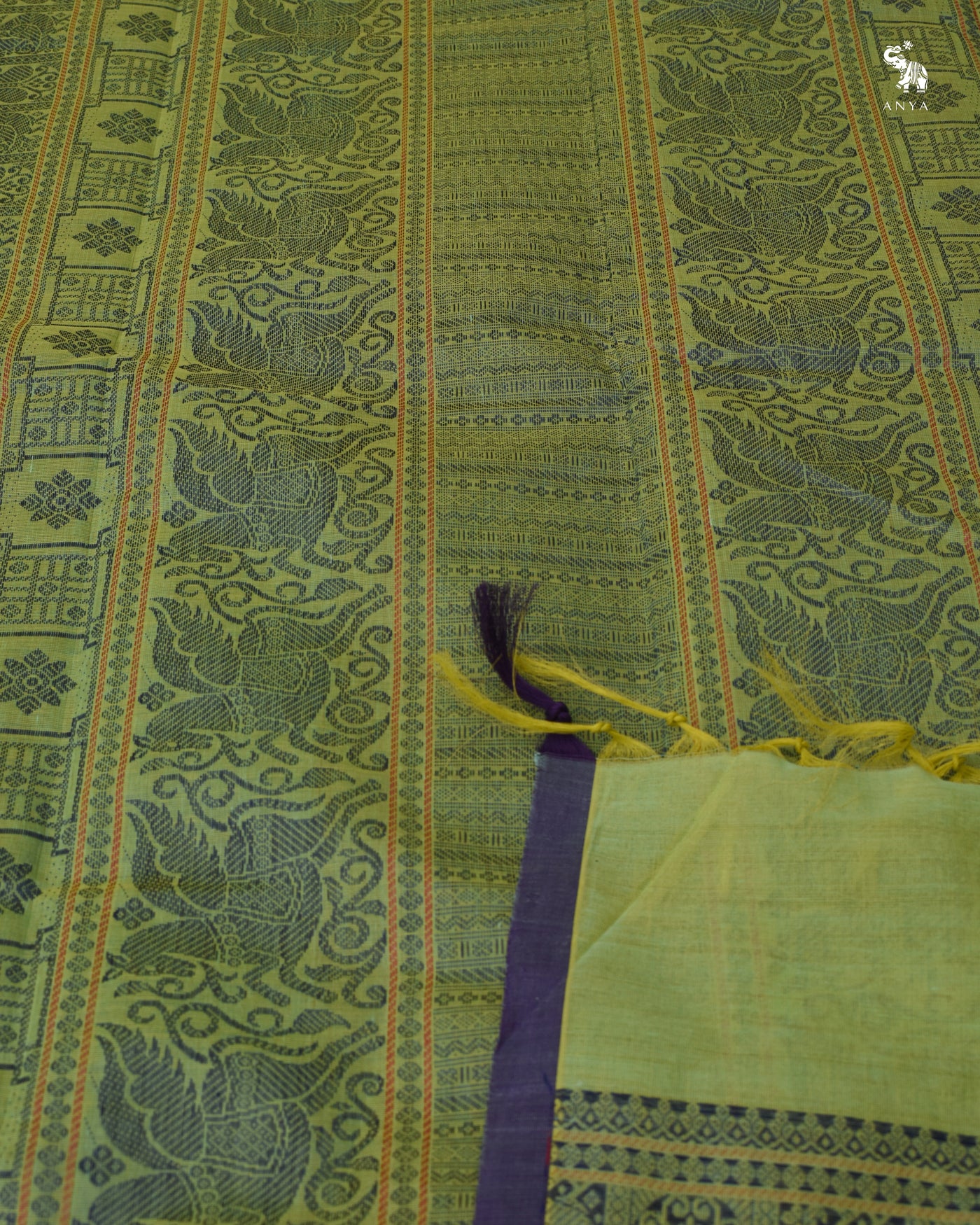 Apple Green Kanchi Cotton Saree with Vertical Stripes Design