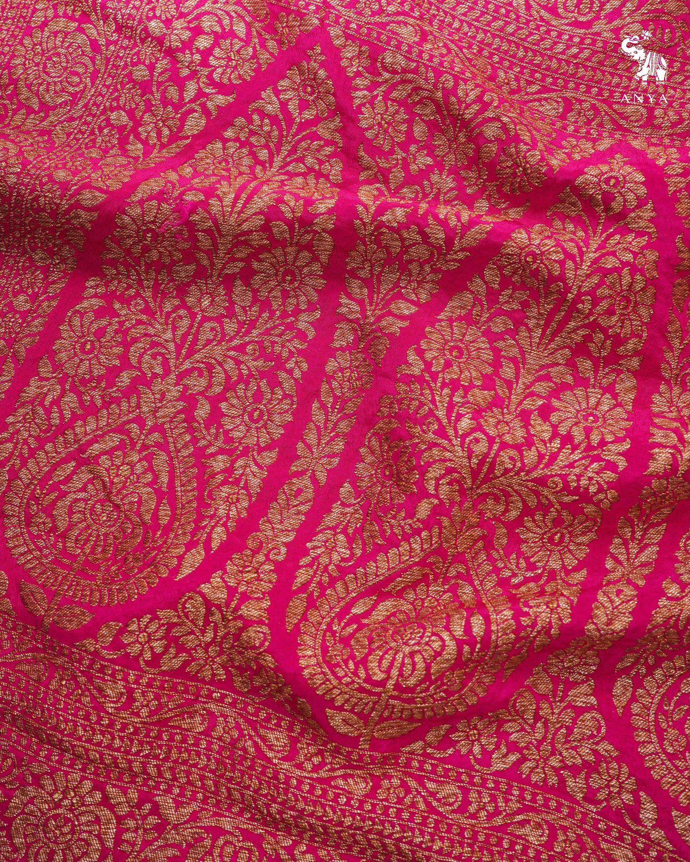 Rani Pink Crepe Banarasi Silk Saree with Floral Creeper Design