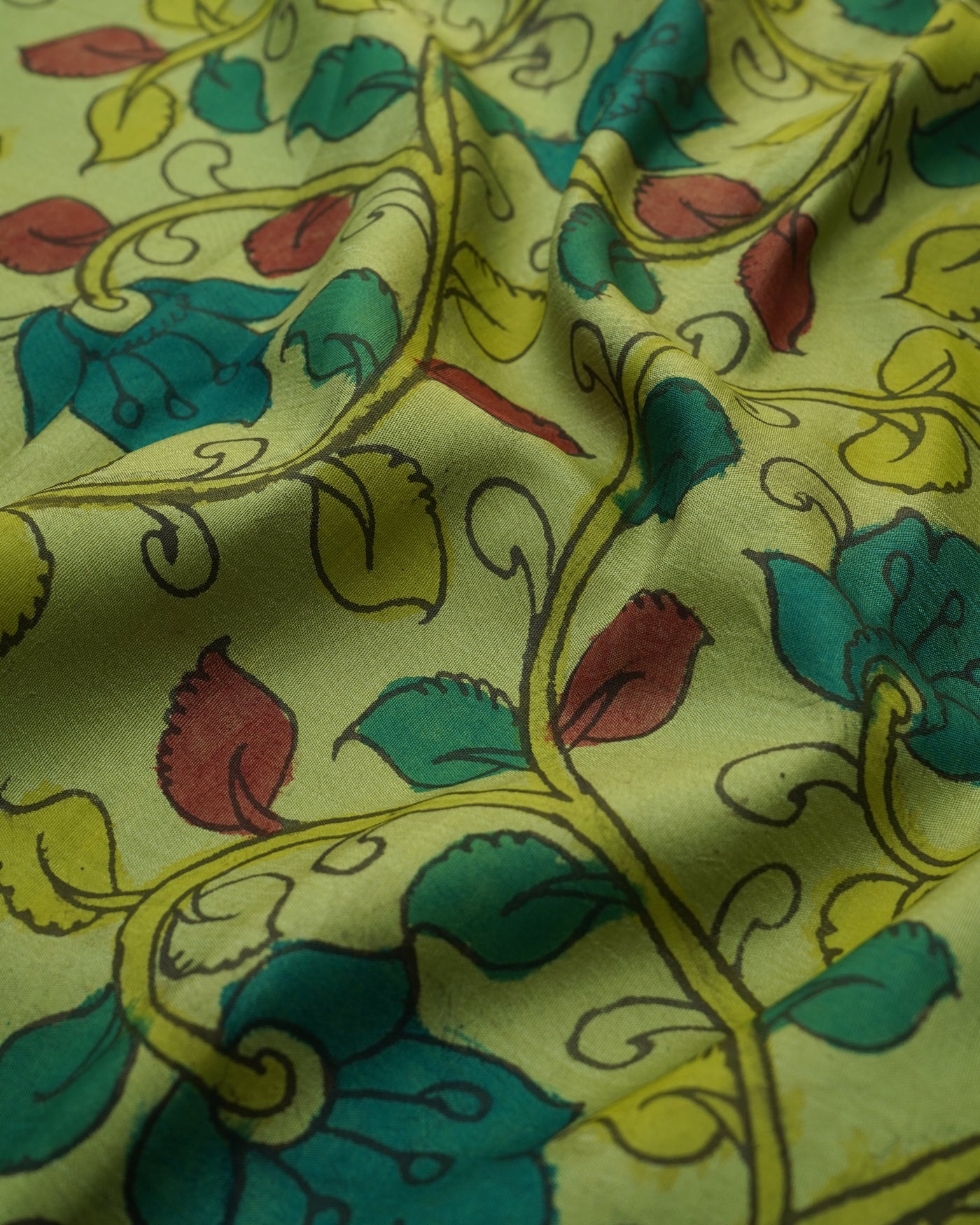 Apple Green Pen Kalamkari Kanchi Silk Fabric with Floral Design