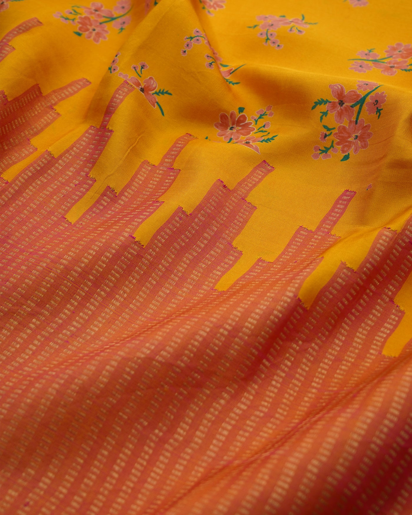 Oil Mustard Printed Kanchi Silk Saree with Small Floral Print Design