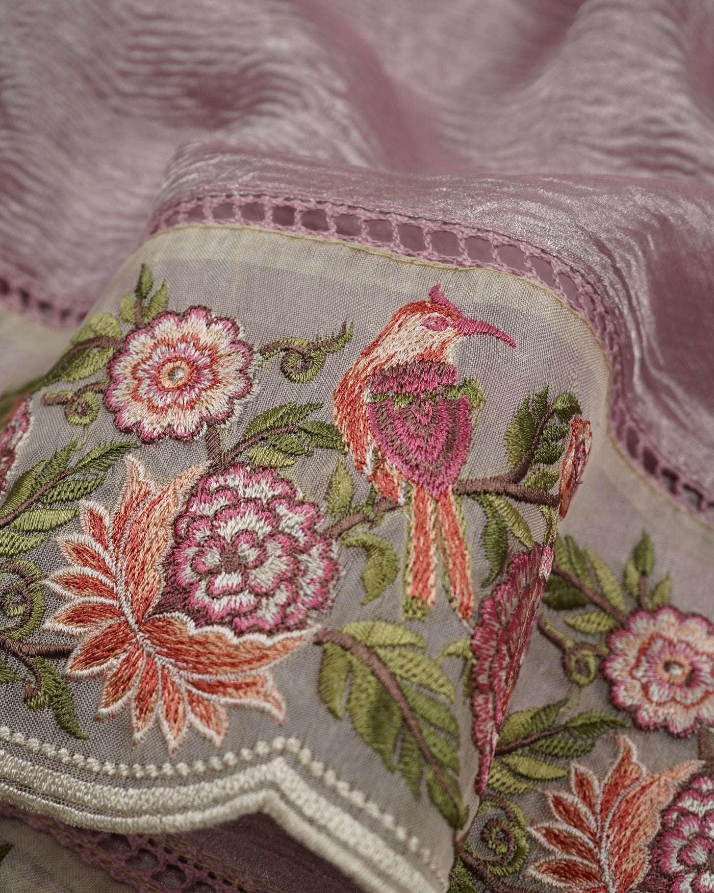 Lilac Crush Tissue Saree with Floral Embroidery Border