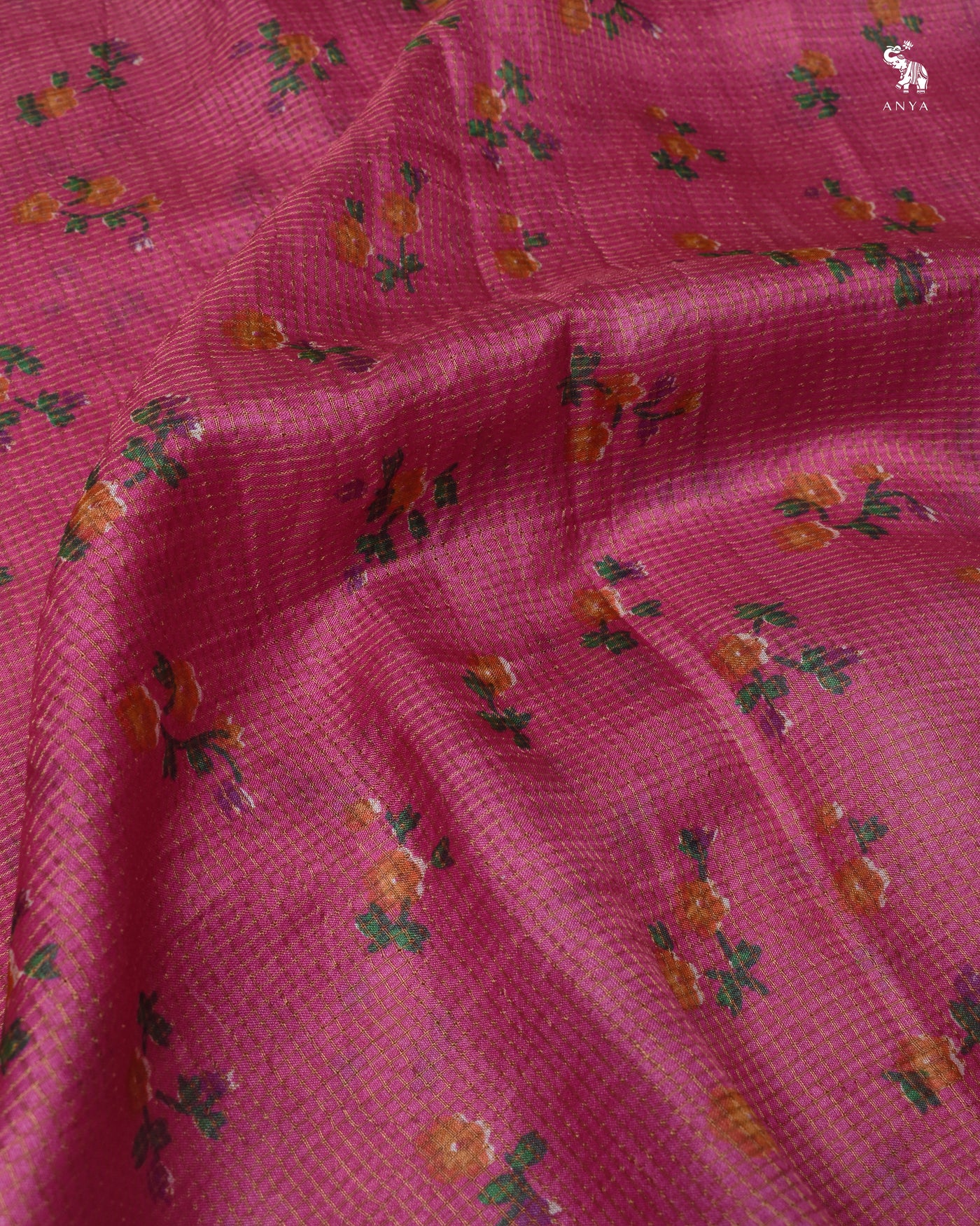 Lotus Pink Tusar Silk Fabric with Floral Print and Zari Checks Design