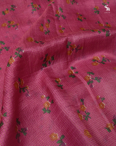 Lotus Pink Tusar Silk Fabric with Floral Print and Zari Checks Design