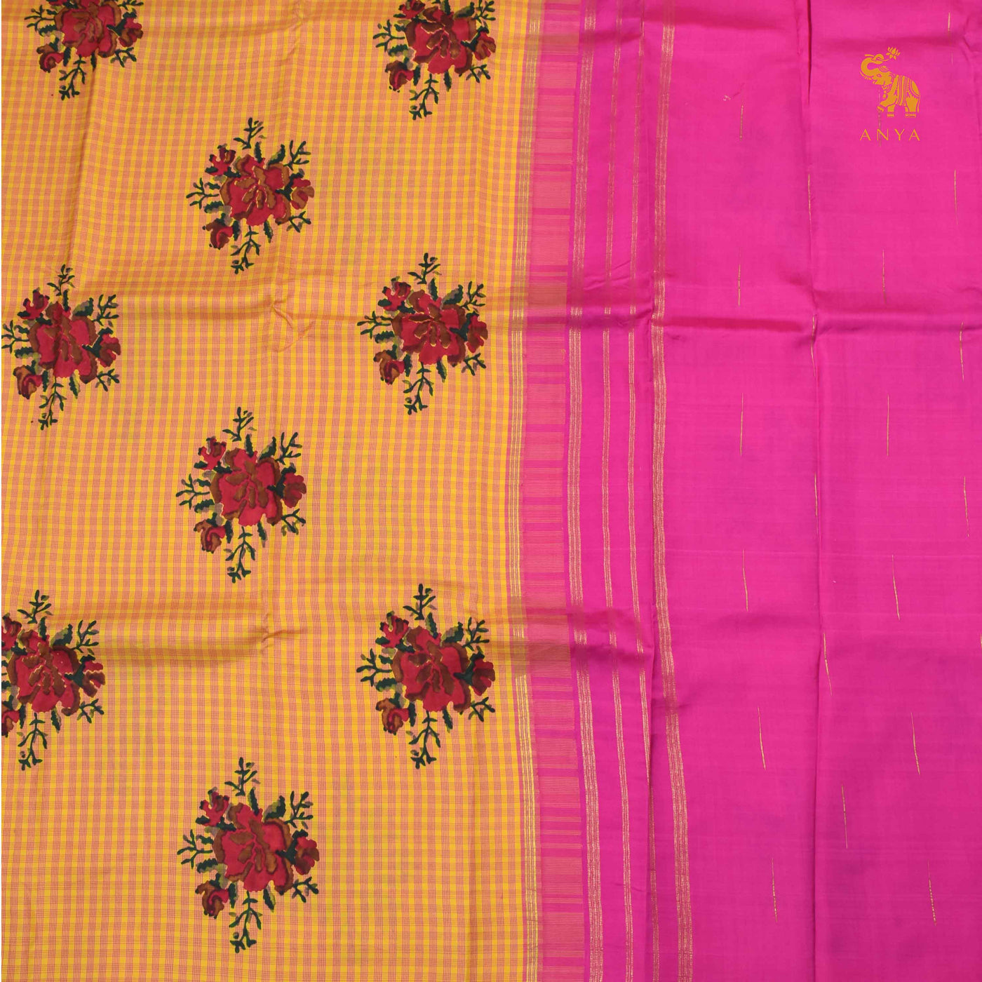 Mustard Printed Kanchi Silk Saree with Checks and Floral Print Design