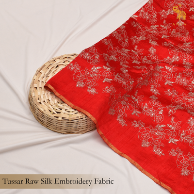 Chilli Red Tussar Raw Silk Fabric with Floral Embroidery Design