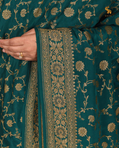 Alli Green Crepe Banarasi Silk Saree with Floral Creeper Design