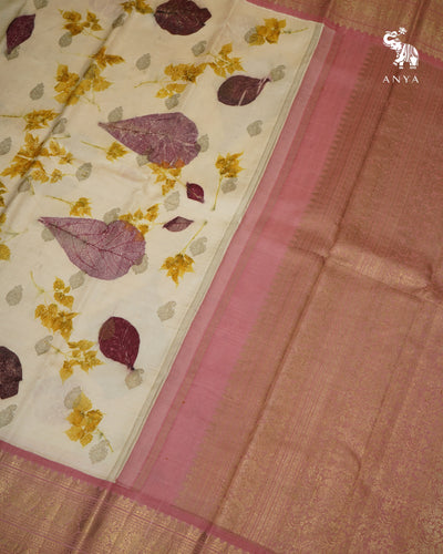 Off White Eco Print Kanchi Silk Saree with Onion Pink Getti Self Pallu