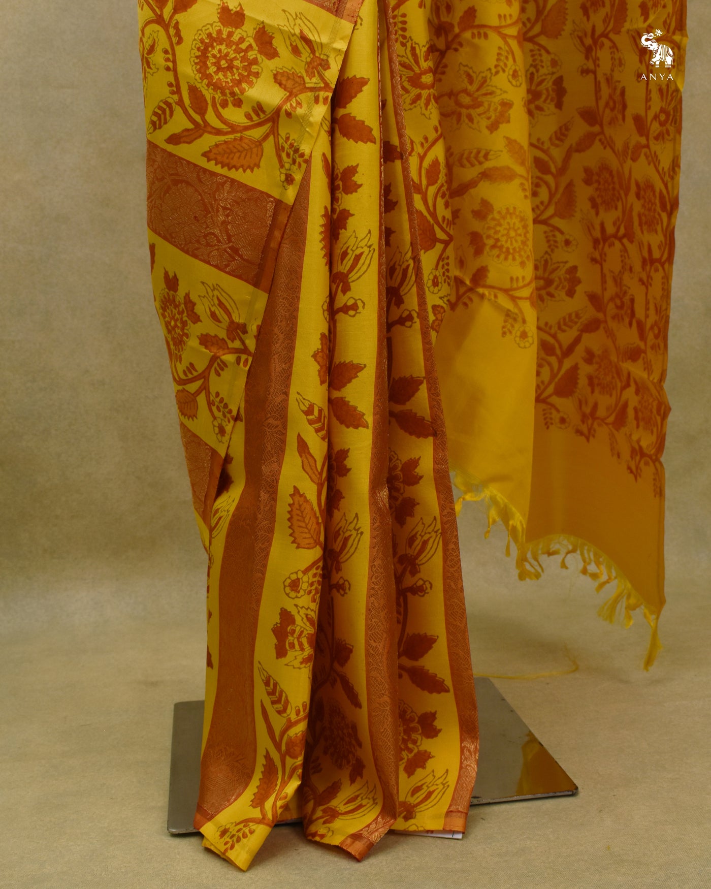 Mustard Printed Kanchi Silk Saree with Stripes Print Design