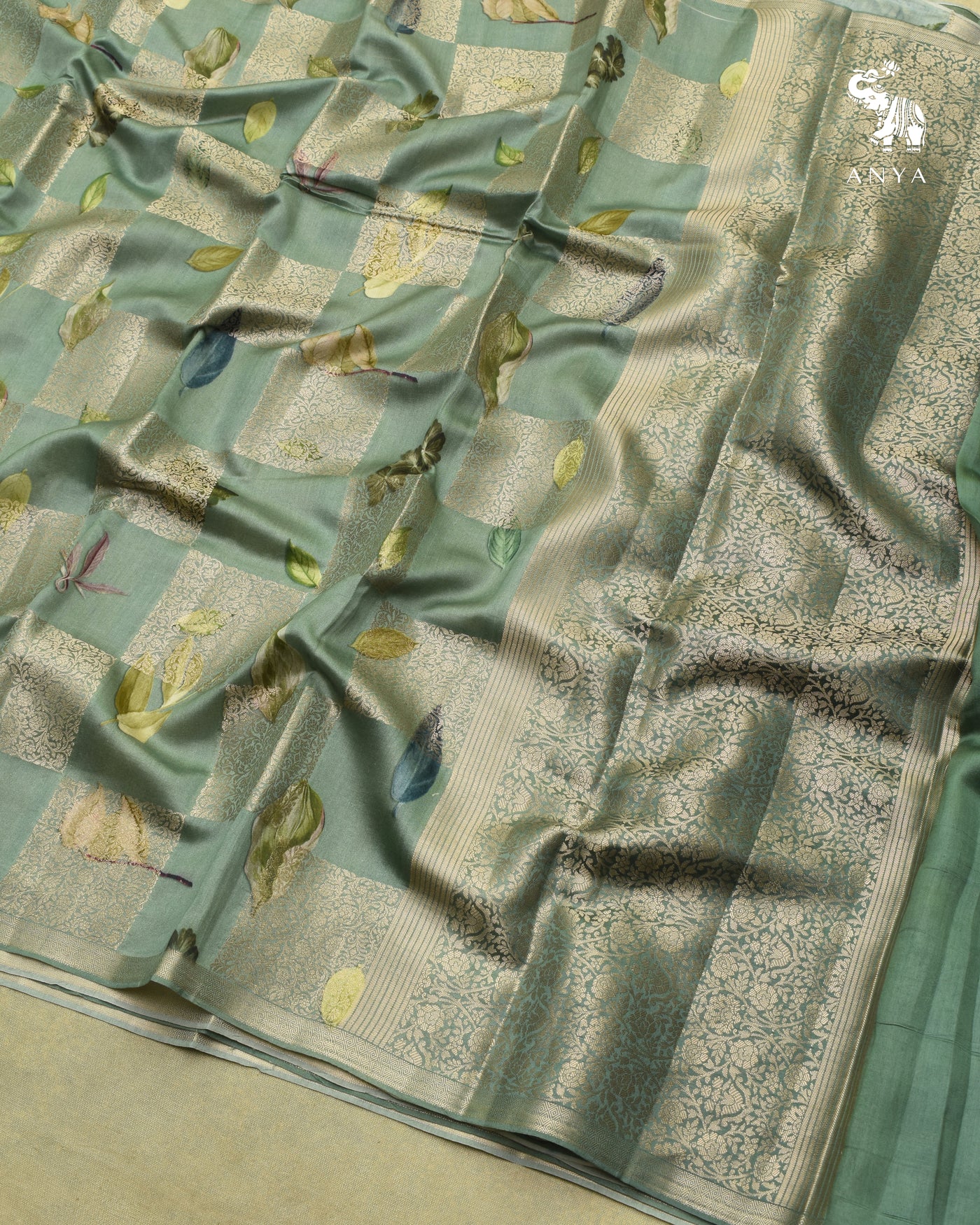 Pastel Green Banarasi Silk Saree with Box Floral Zari Design