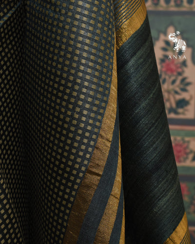 Dark Grey Tussar Silk Saree with Thread Checks Design