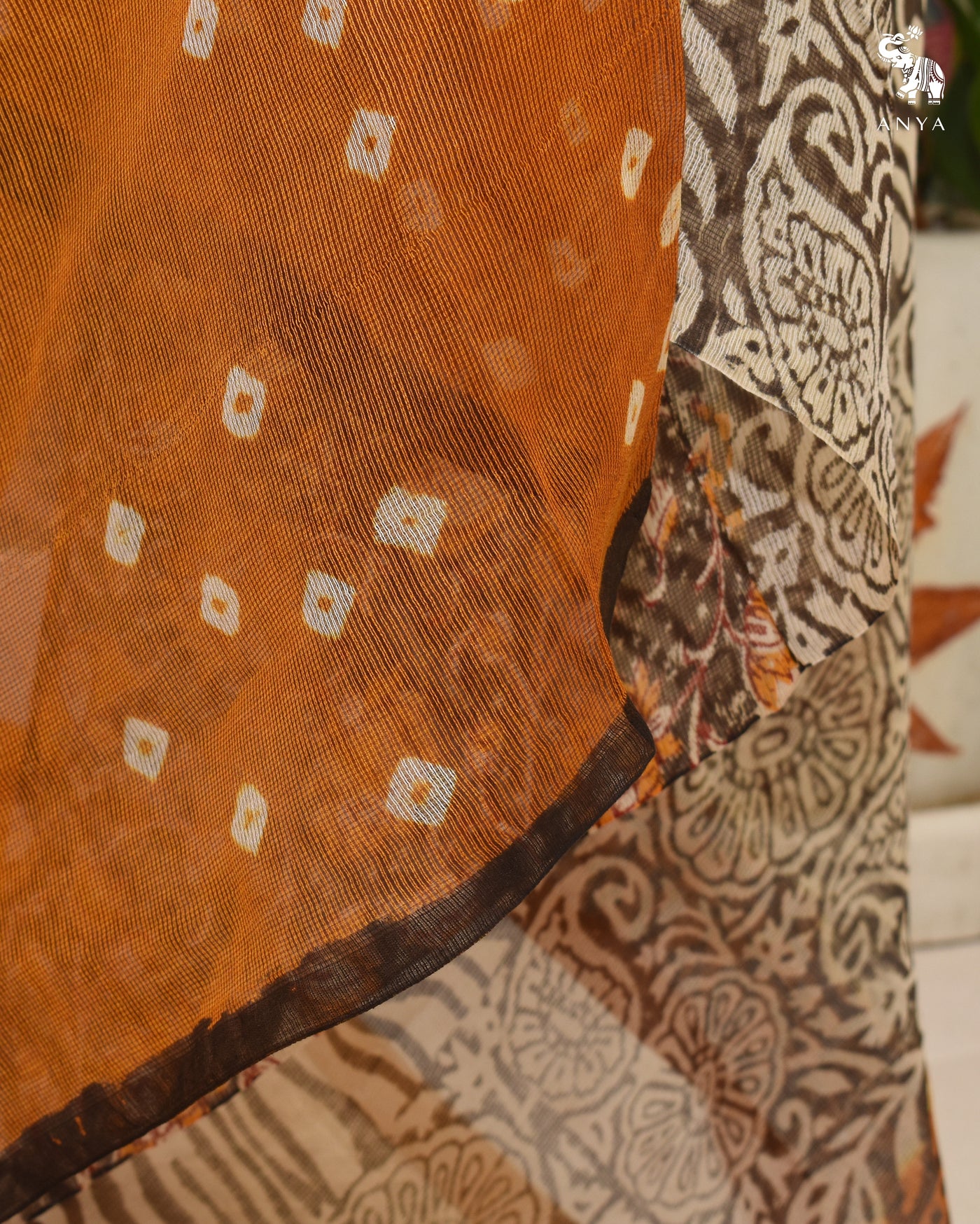 Oil Mustard Cotton Kota Saree with Bhandhini Print Design