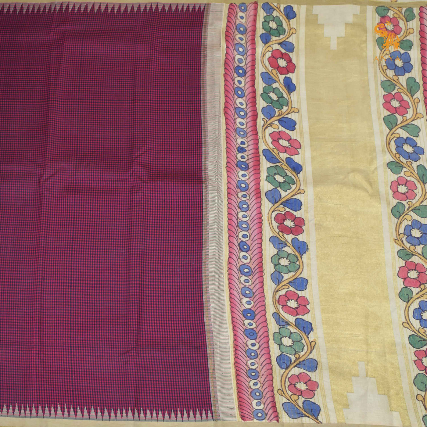Maroon Pen Kalamkari Kanchi Silk Saree