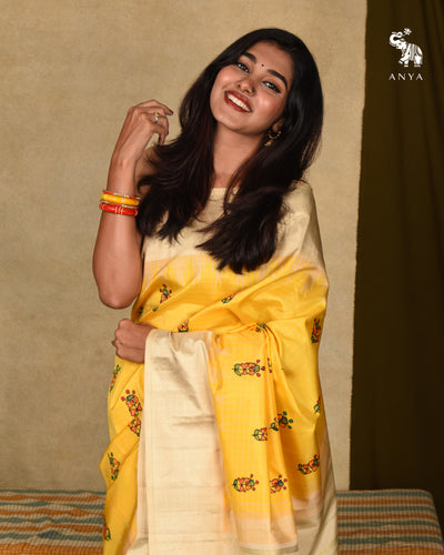 Yellow Madhubani Kanchi Silk Saree with Checks Design
