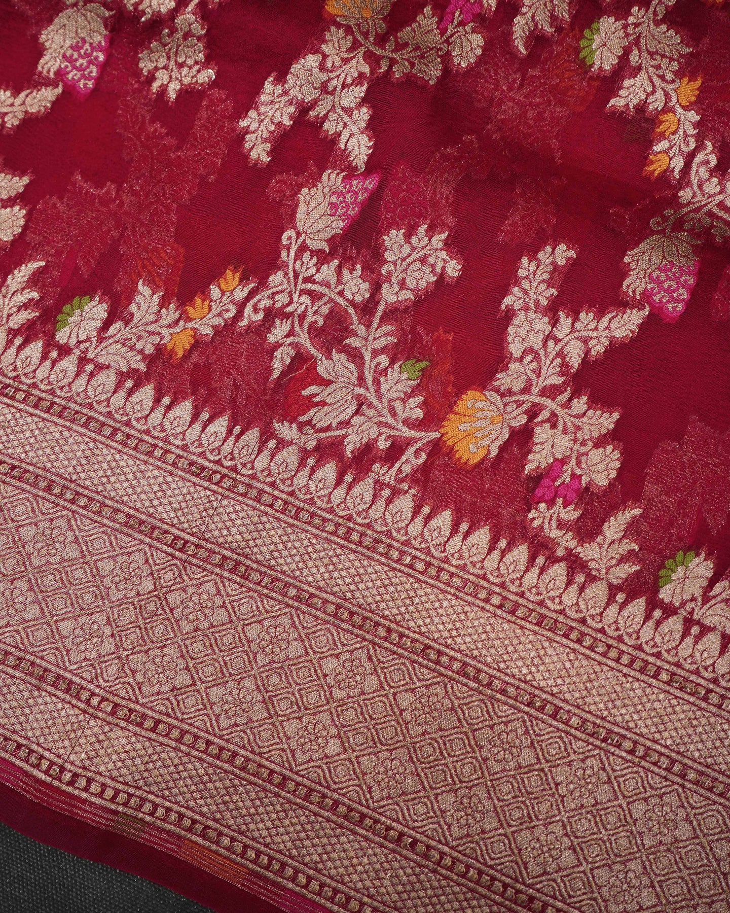 Kutvh Work Design Red Banarasi Organza Silk Saree with Floral Creeper Design