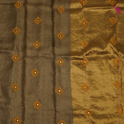 Brown Tussar Silk Sarees with Kutch Work Design