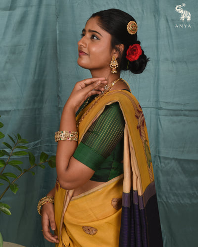 Light Yellow Pen Kalamkari Kanchi Silk Saree