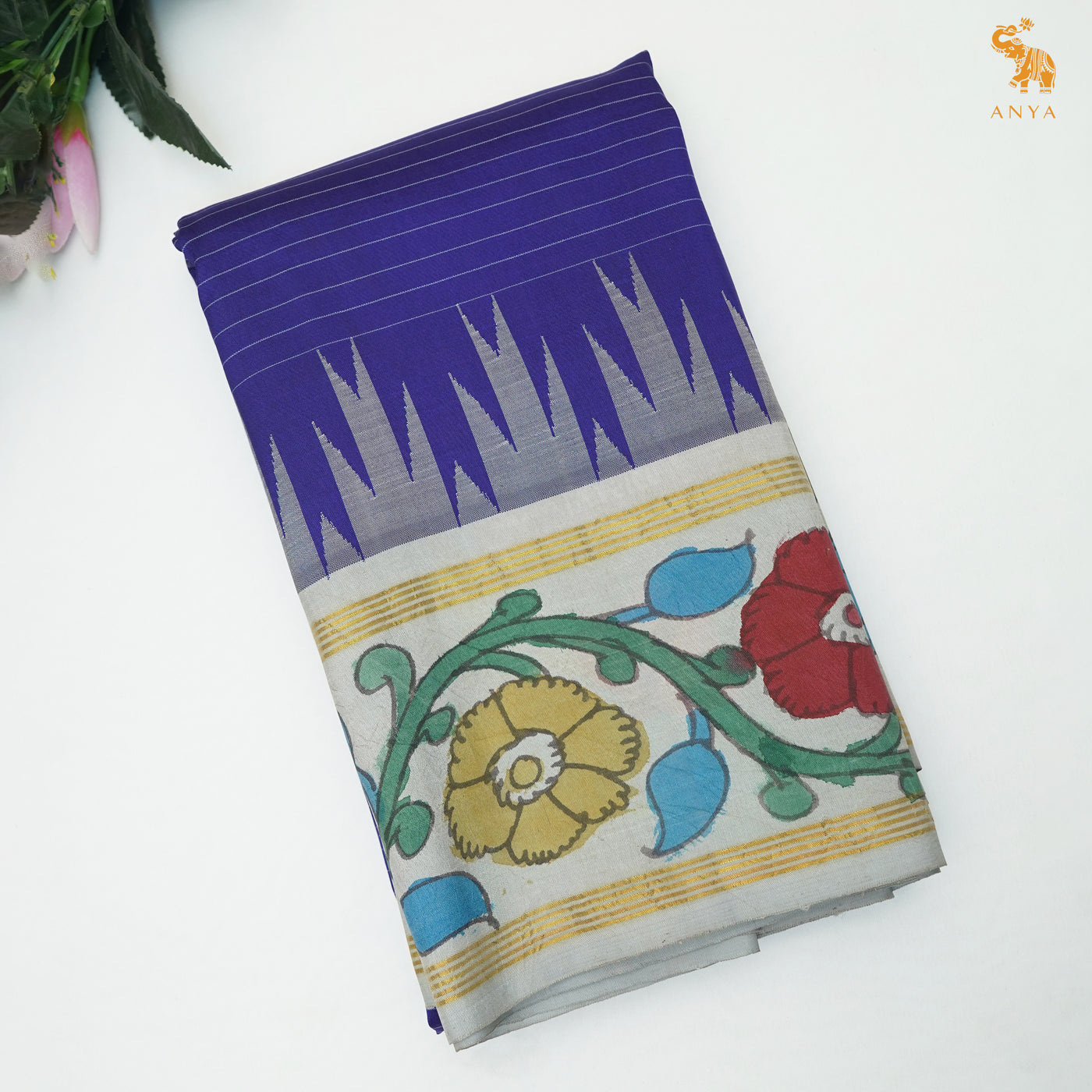 Ms Blue Pen Kalamkari Kanchi Silk Saree