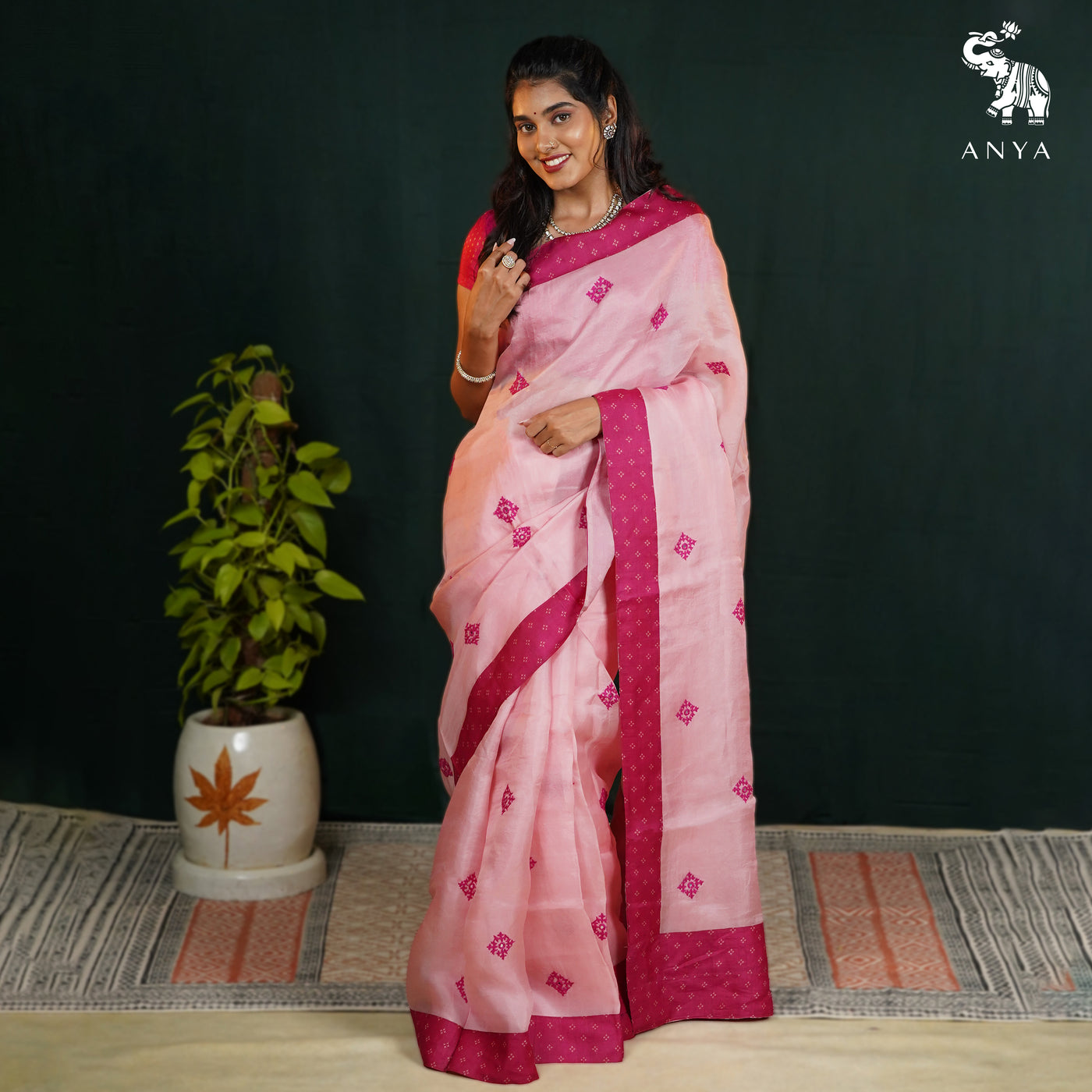 Pink Organza Saree with Pink Kutch Work Design