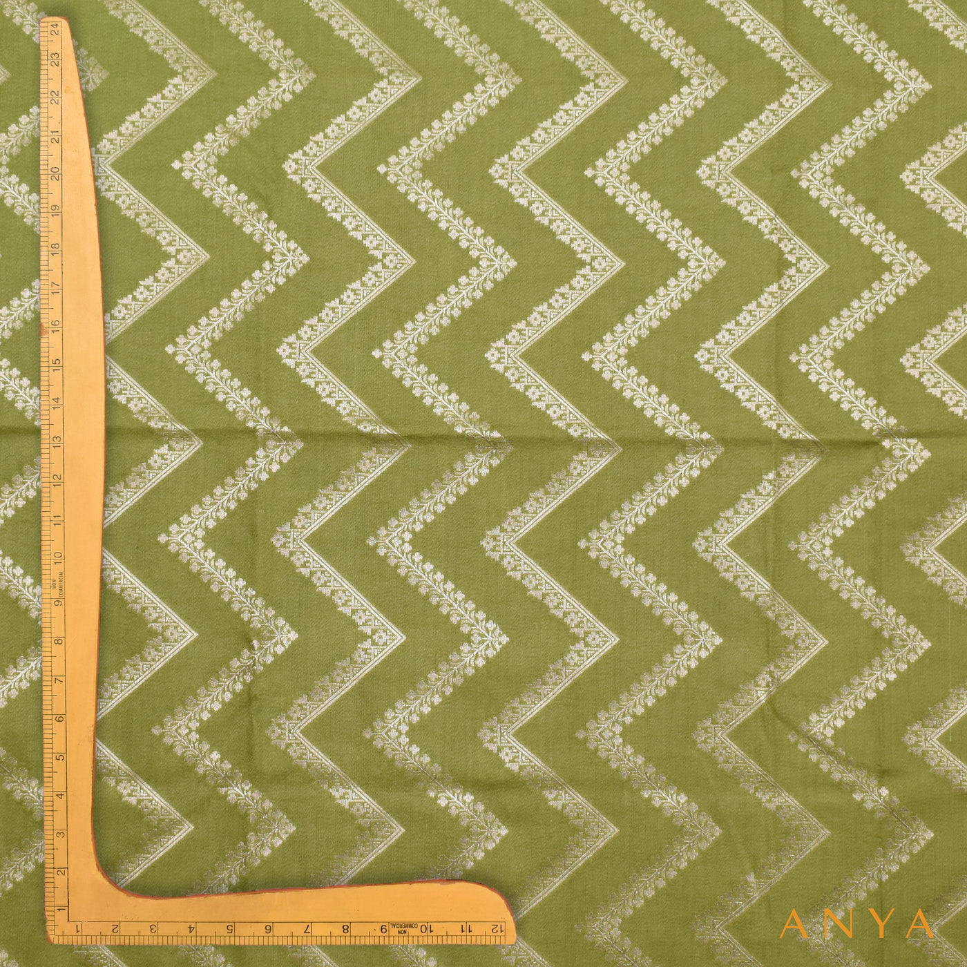 Samangha Green Banarasi Tussar Raw Silk Fabric with Zig Zag Design