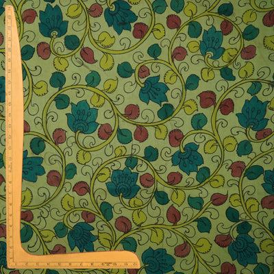 Apple Green Pen Kalamkari Kanchi Silk Fabric with Floral Design