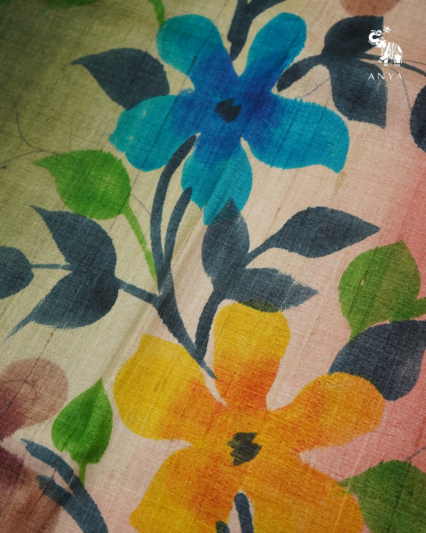 Olive Green Tussar Silk Saree with Floral Printed Design