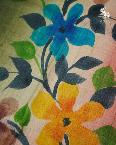 Olive Green Tussar Silk Saree with Floral Printed Design