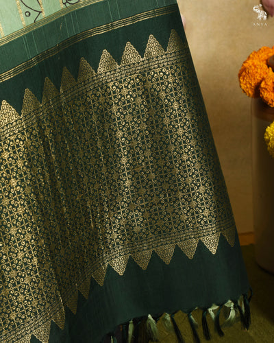 Apple Green Pen Kalamkari Kanchi Silk Saree with Velthari Design