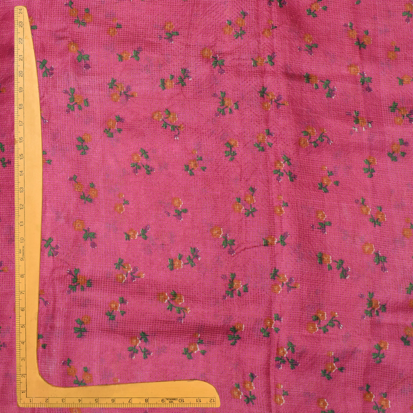 Lotus Pink Tusar Silk Fabric with Floral Print and Zari Checks Design