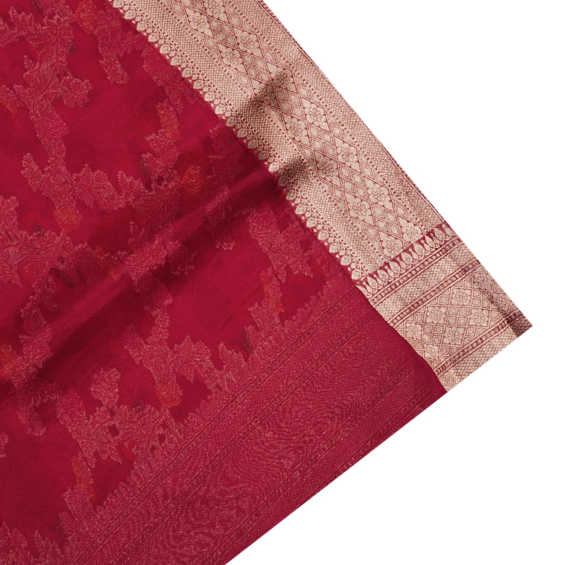 Kutvh Work Design Red Banarasi Organza Silk Saree with Floral Creeper Design