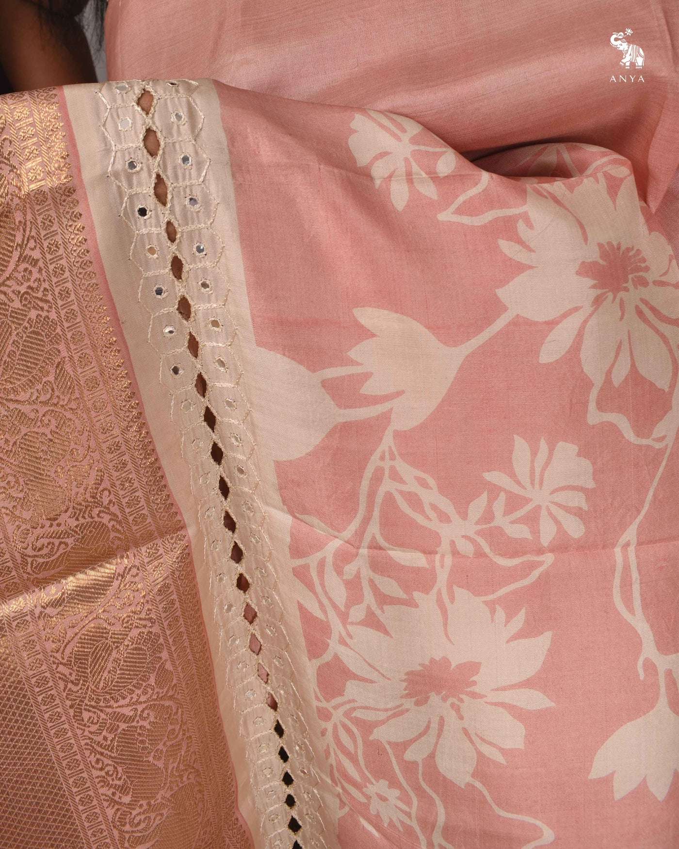 Pink Floral Printed Kanchi Silk Saree with Cut Work Design