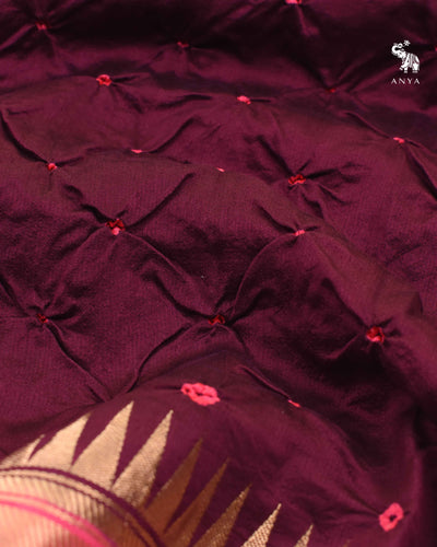 Wine Bhandhini Silk Fabric with Peach Border Design