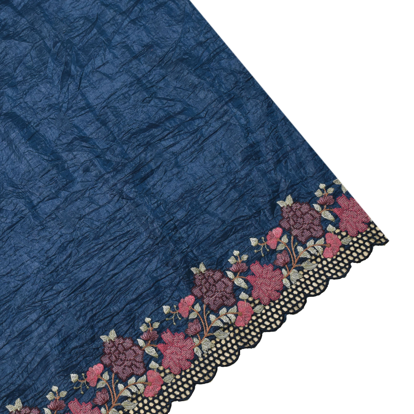 Peacock Blue Crushed Tussar Cutwork Saree with Small Flower Embroidery Design