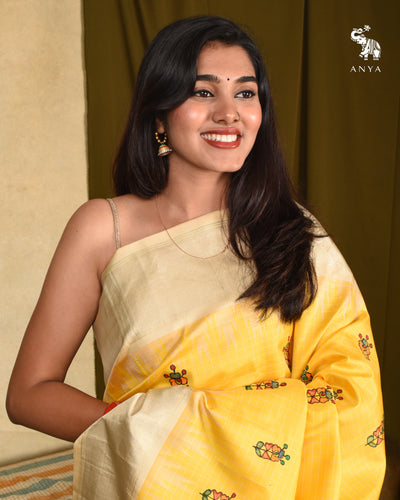 Yellow Madhubani Kanchi Silk Saree with Checks Design