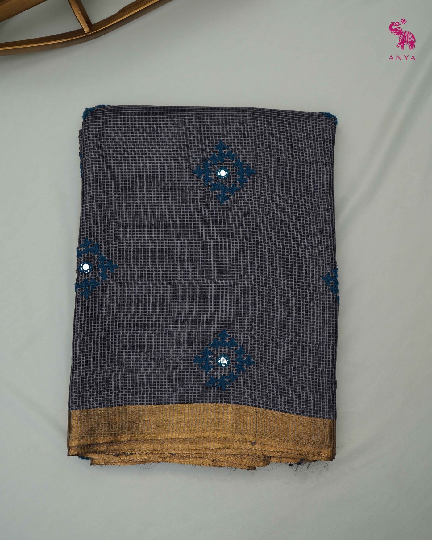 Grey Tussar Silk Sarees with Kutch Work Design