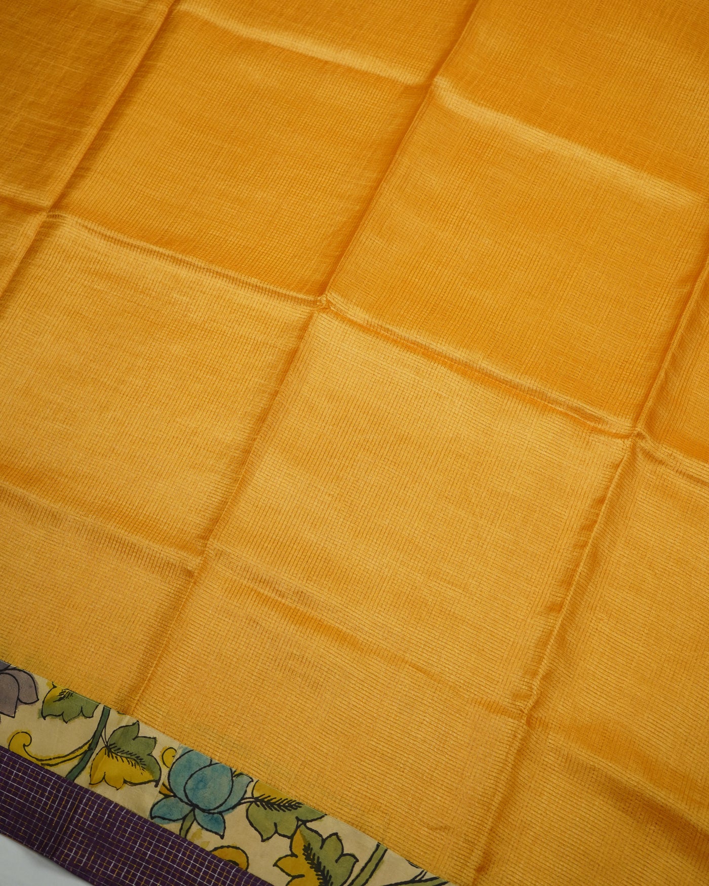 Oil Mustard Zari Checks Tussar Silk Saree with Off White Pen Kalamkari Kanchi Border