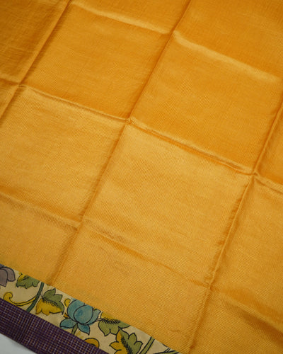 Oil Mustard Zari Checks Tussar Silk Saree with Off White Pen Kalamkari Kanchi Border